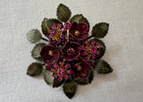 Vintage Pink Enamel Flower Bouquet Brooch with Green Enamel Leaves and Rhinestones