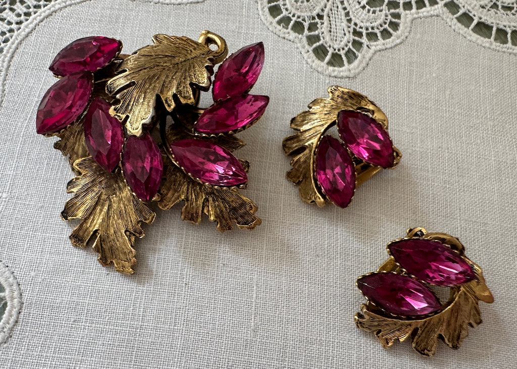Vintage Fuchsia Rhinestone Leaf Brooch and Earrings Demi-Parure
