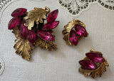 Vintage Fuchsia Rhinestone Leaf Brooch and Earrings Demi-Parure