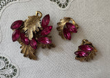 Vintage Fuchsia Rhinestone Leaf Brooch and Earrings Demi-Parure