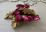 Vintage Fuchsia Rhinestone Leaf Brooch and Earrings Demi-Parure