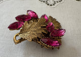 Vintage Fuchsia Rhinestone Leaf Brooch and Earrings Demi-Parure