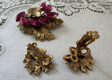Vintage Fuchsia Rhinestone Leaf Brooch and Earrings Demi-Parure