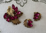 Vintage Fuchsia Rhinestone Leaf Brooch and Earrings Demi-Parure