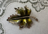 Napier Green Enamel Maple Leaf Brooch with Rhinestone Stem Signed