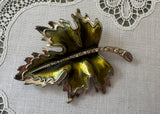 Napier Green Enamel Maple Leaf Brooch with Rhinestone Stem Signed