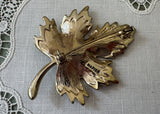 Napier Green Enamel Maple Leaf Brooch with Rhinestone Stem Signed