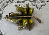 Napier Green Enamel Maple Leaf Brooch with Rhinestone Stem Signed
