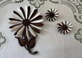 Vintage Hedy Brown and White Enamel Daisy Flower Pin and Earrings Set Signed