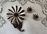 Vintage Hedy Brown and White Enamel Daisy Flower Pin and Earrings Set Signed