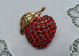 Vintage Red Apple Rhinestone Brooch