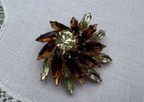 Vintage Brown Amber and Green Navette Rhinestone Brooch