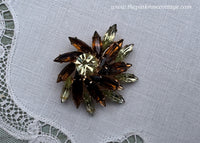 Vintage Brown Amber and Green Navette Rhinestone Brooch