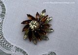 Vintage Brown Amber and Green Navette Rhinestone Brooch