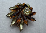 Vintage Brown Amber and Green Navette Rhinestone Brooch