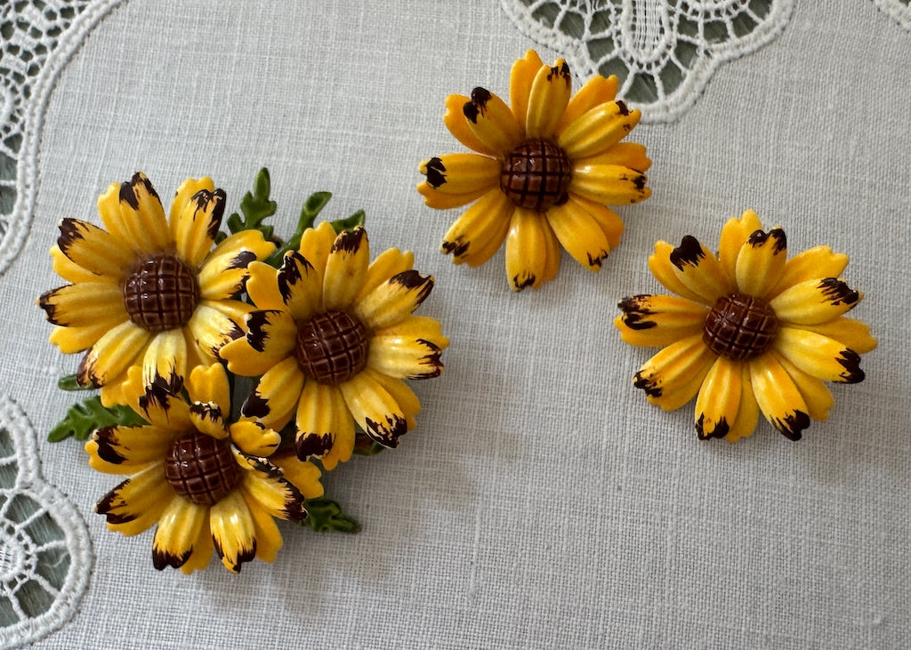 Vintage Enameled Sunflower Black-Eyed Susan Brooch and Clip Earring Set