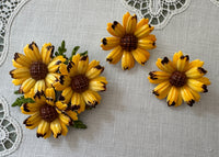 Vintage Enameled Sunflower Black-Eyed Susan Brooch and Clip Earring Set
