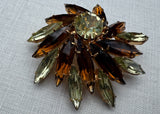 Vintage Brown Amber and Green Navette Rhinestone Brooch