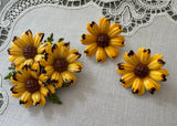 Vintage Enameled Sunflower Black-Eyed Susan Brooch and Clip Earring Set