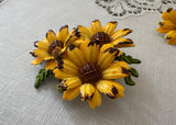 Vintage Enameled Sunflower Black-Eyed Susan Brooch and Clip Earring Set