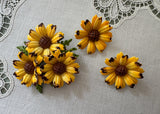 Vintage Enameled Sunflower Black-Eyed Susan Brooch and Clip Earring Set