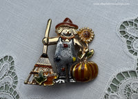 Enameled Autumn Scarecrow Pin with Pumpkin Sunflower and more