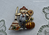 Enameled Autumn Scarecrow Pin with Pumpkin Sunflower and more