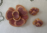 Joan Rivers Classics Collection Pink Rhinestone Camellia Flower Brooch and Earring Set Signed