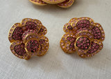 Joan Rivers Classics Collection Pink Rhinestone Camellia Flower Brooch and Earring Set Signed