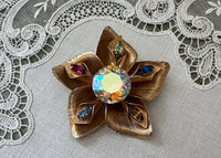 Vintage Warner Multicolor Rhinestone Aurora Borealis Flower Brooch Pin Signed