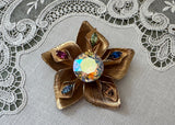 Vintage Warner Multicolor Rhinestone Aurora Borealis Flower Brooch Pin Signed