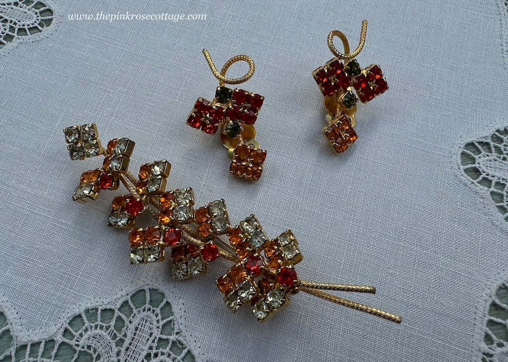 Vintage Fall Colors Rhinestone Brooch and Earring Set - The Pink Rose Cottage 