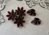 Vintage Siam Red and Smoky Gray Cabochon Flower Brooch Demi-Parure Set
