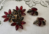 Vintage Siam Red and Smoky Gray Cabochon Flower Brooch Demi-Parure Set