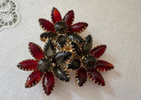 Vintage Siam Red and Smoky Gray Cabochon Flower Brooch Demi-Parure Set