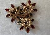 Vintage Siam Red and Smoky Gray Cabochon Flower Brooch Demi-Parure Set