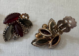 Vintage Siam Red and Smoky Gray Cabochon Flower Brooch Demi-Parure Set