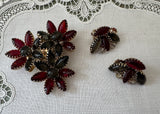 Vintage Siam Red and Smoky Gray Cabochon Flower Brooch Demi-Parure Set
