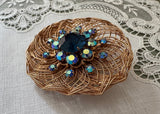 Vintage Spun Wire Flower Brooch Montana Blue and Aurora Borealis Rhinestones