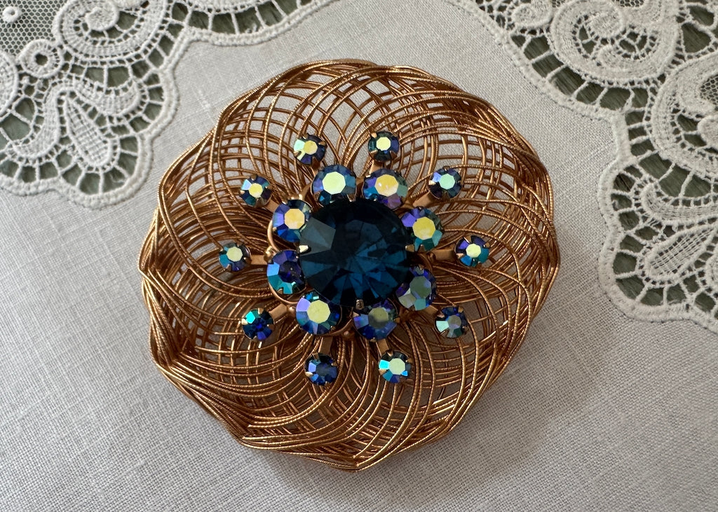 Vintage Spun Wire Flower Brooch Montana Blue and Aurora Borealis Rhinestones