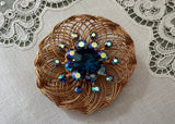 Vintage Spun Wire Flower Brooch Montana Blue and Aurora Borealis Rhinestones