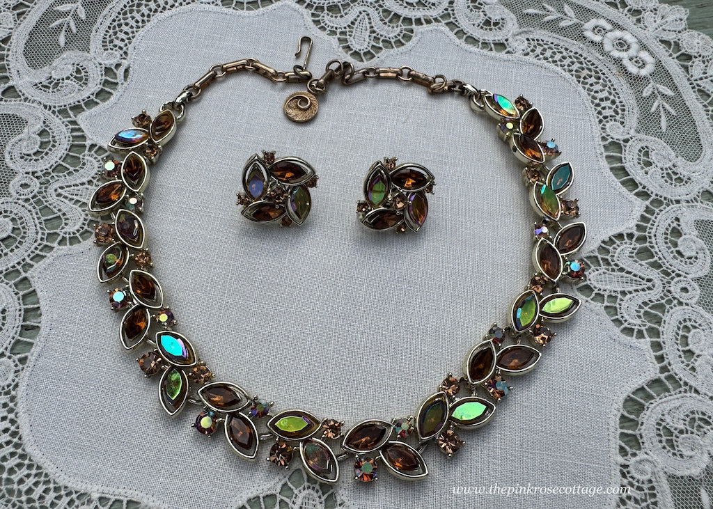 Vintage Lisner Amber Aurora Borealis Rhinestone Necklace and Earrings Set - The Pink Rose Cottage 