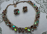 Vintage Lisner Amber Aurora Borealis Rhinestone Necklace and Earrings Set - The Pink Rose Cottage 