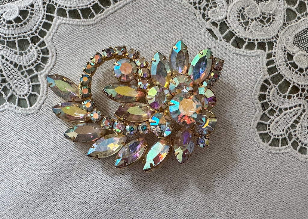 Vintage Aurora Borealis Rhinestone Flower and Leaf Spray Brooch