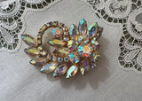 Vintage Aurora Borealis Rhinestone Flower and Leaf Spray Brooch