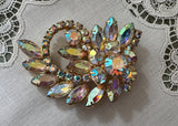 Vintage Aurora Borealis Rhinestone Flower and Leaf Spray Brooch