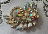 Vintage Aurora Borealis Rhinestone Flower and Leaf Spray Brooch