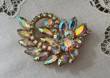 Vintage Aurora Borealis Rhinestone Flower and Leaf Spray Brooch