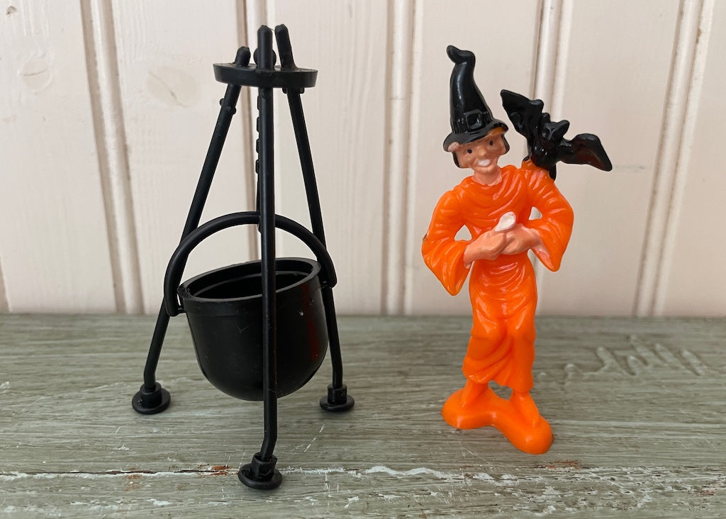 Vintage Halloween Cake Topper Witch with Bat and Cauldron