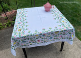 Vintage Pastel Tablecloth Seed Packets Flowers and Gardening Tools